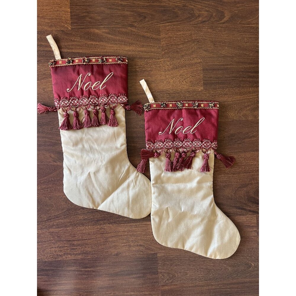 Set of 2 Noel Christmas Stockings Red Gold Cream Embroidered Holiday Decor